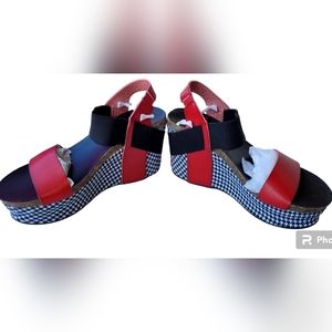 Corkys Wedge Sandles, Houndstooth/Red Leather, 30-5229-HDTH, New in Box